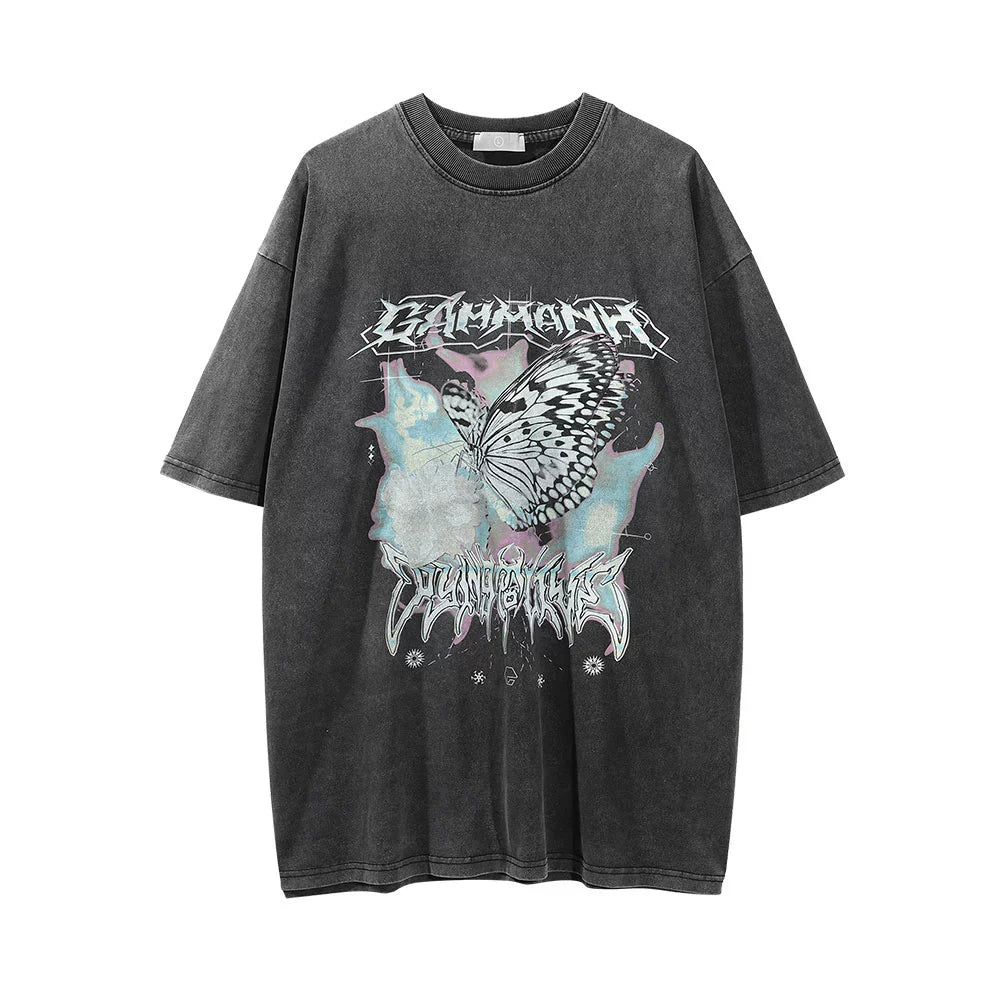 Men Vintage T-Shirt Printed Washed Distressed Short-Sleeved T-shirt Men's Width Loose Summer
