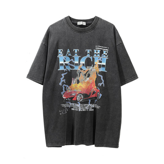 Men Vintage T-Shirt Printed Washed Distressed Short-Sleeved T-shirt Men's Summer Loose round Neck