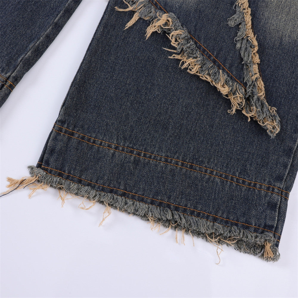 Men Jeans Patch Five-Pointed Star Straight Cat Raw-Cut Edges Loose