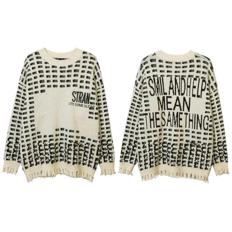 Women Sweater Contrasting Color Jacquard Special-Interest Design Loose Hole