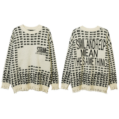 Women Sweater Contrasting Color Jacquard Special-Interest Design Loose Hole