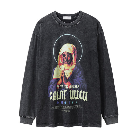 Men Long Sleeve T-shirt Depressed Skull Nun Printed Washed Old