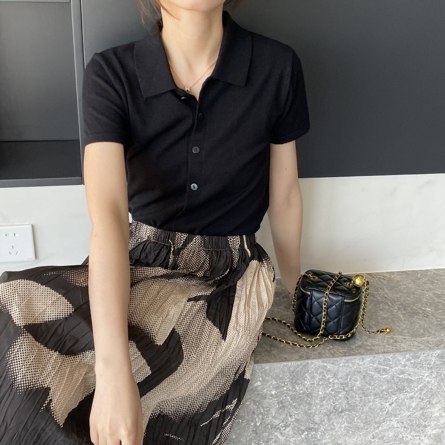 Women Knitted T-shirt Knitted Cardigan Jacket Slim Fit Short Sleeve Polo Collar Top