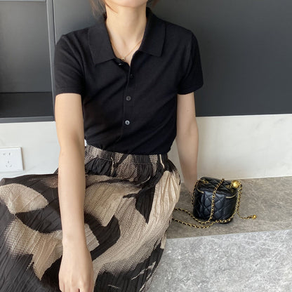 Women Knitted T-shirt Knitted Cardigan Jacket Slim Fit Short Sleeve Polo Collar Top