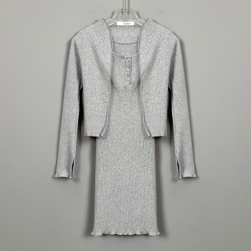 Women Dresses Square Collar Vest Camisole Cardigan Jacket Long-Sleeved V-neck Dress