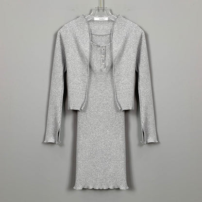 Women Dresses Square Collar Vest Camisole Cardigan Jacket Long-Sleeved V-neck Dress