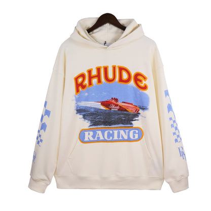 Rhude Hoodie Speedboat Plaid Sleeve Vintage Printed Hooded Sweater Jacket