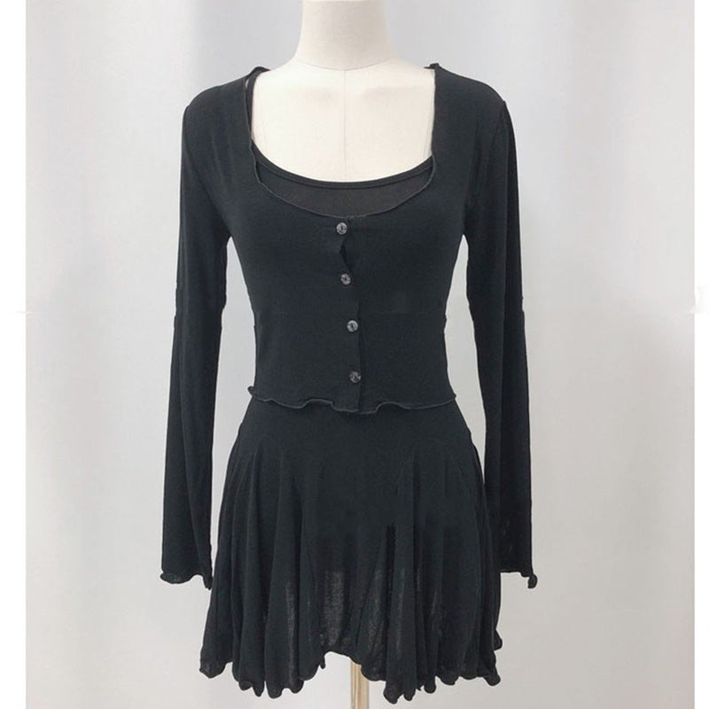 Women Dresses Sling Dress Cardigan Button Jacket Long-Sleeved Skirt