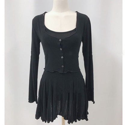 Women Dresses Sling Dress Cardigan Button Jacket Long-Sleeved Skirt