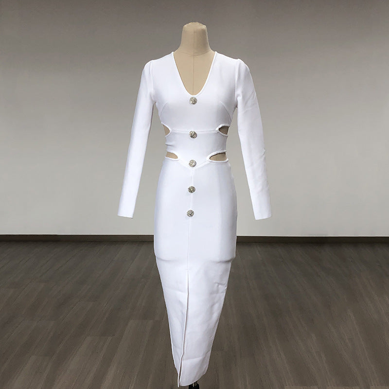 Women Evening Dress V-neck Bandage Dress Long Sleeve Simple Hollow Dress