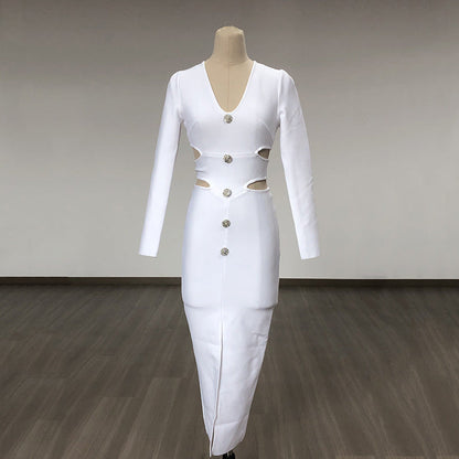 Women Evening Dress V-neck Bandage Dress Long Sleeve Simple Hollow Dress