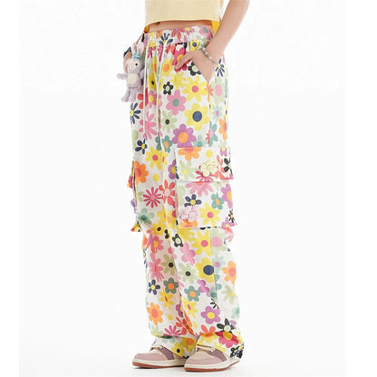 Men Sweatpants Full Printed Floral Corduroy Casual Pants Loose Pockets Tooling Straight-Leg Wide-Leg Pants