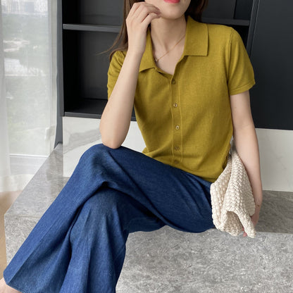 Women Knitted T-shirt Knitted Cardigan Jacket Slim Fit Short Sleeve Polo Collar Top