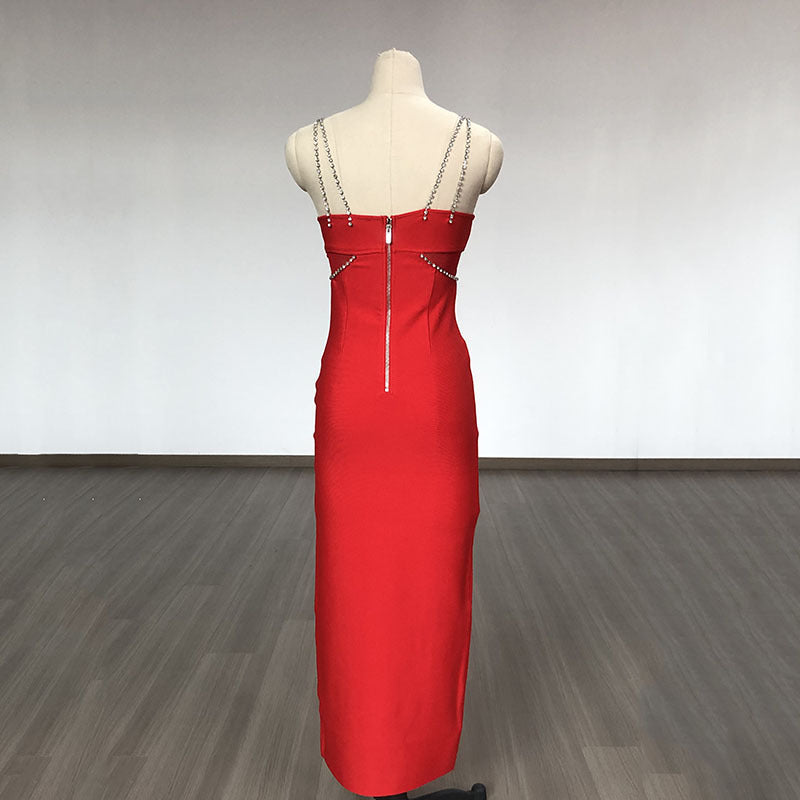 Women Evening Dress Crystal Drill Chain Straps Tulle Backless Evening Gown