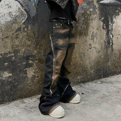 MIJKO Men's Vintage Pants MIJKO Men's Women's Washed Old Trousers Wide Feet Zipper Jeans