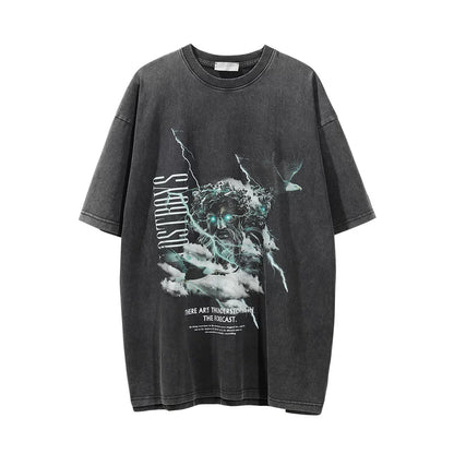 Men Vintage T-Shirt Printed Washed Distressed Short-Sleeved T-shirt Men's Loose round Neck
