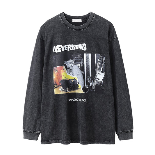 Men Long Sleeve T-Shirt Character Print Washed and Worn Loose