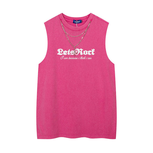 Women Vest Ripped Letter-Printing Necklace Sleeveless T-shirt