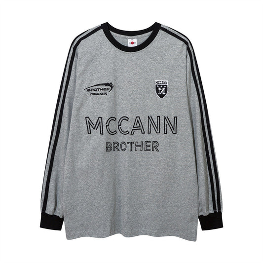 Men Long Sleeve T-shirt Patchwork Stripes Embroidery Loose Sports