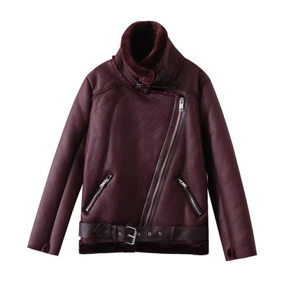 Women Cotton Coat Lamb Wool Thickened Warm Leather Coat