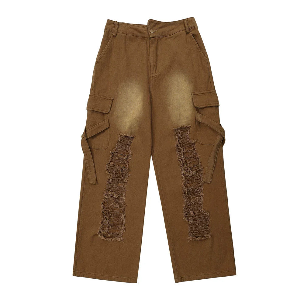 Women Pants Ripped Multi-Pocket Jeans Hip Hop Washed Straight Loose-Fitting Wide-Leg Trousers
