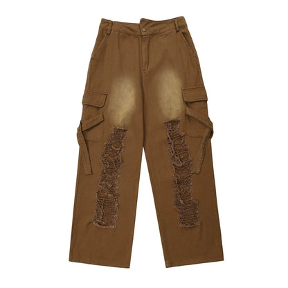 Women Pants Ripped Multi-Pocket Jeans Hip Hop Washed Straight Loose-Fitting Wide-Leg Trousers