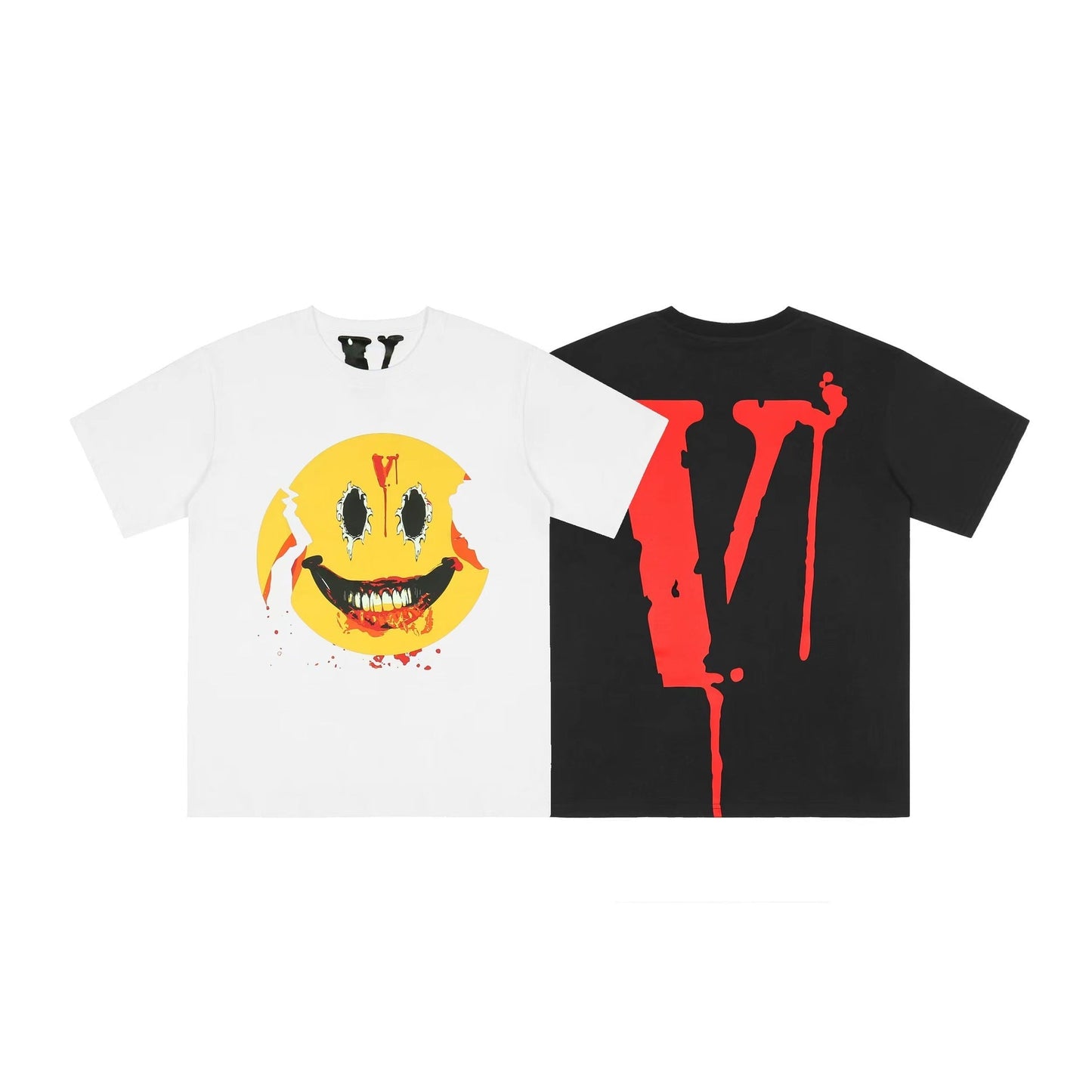 Vlone T Shirts Broken Smiley Face Big V Printed Short Sleeve T-shirt Men and Women Couple High Street Half Sleeve