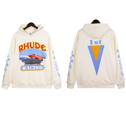 Rhude Hoodie Speedboat Plaid Sleeve Vintage Printed Hooded Sweater Jacket