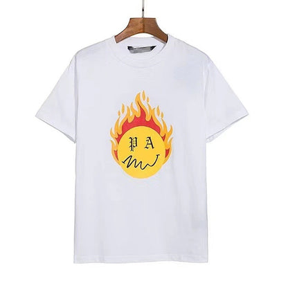 Palm Angle T Shirts Burning Flame Ball Printing Couple Loose
