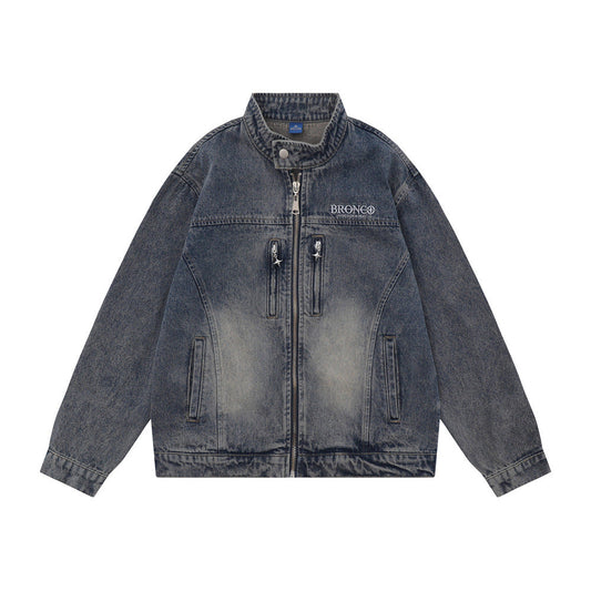Men Jacket Coat Denim Jacket Men Washed and Worn Denim Cargo Pants Coat