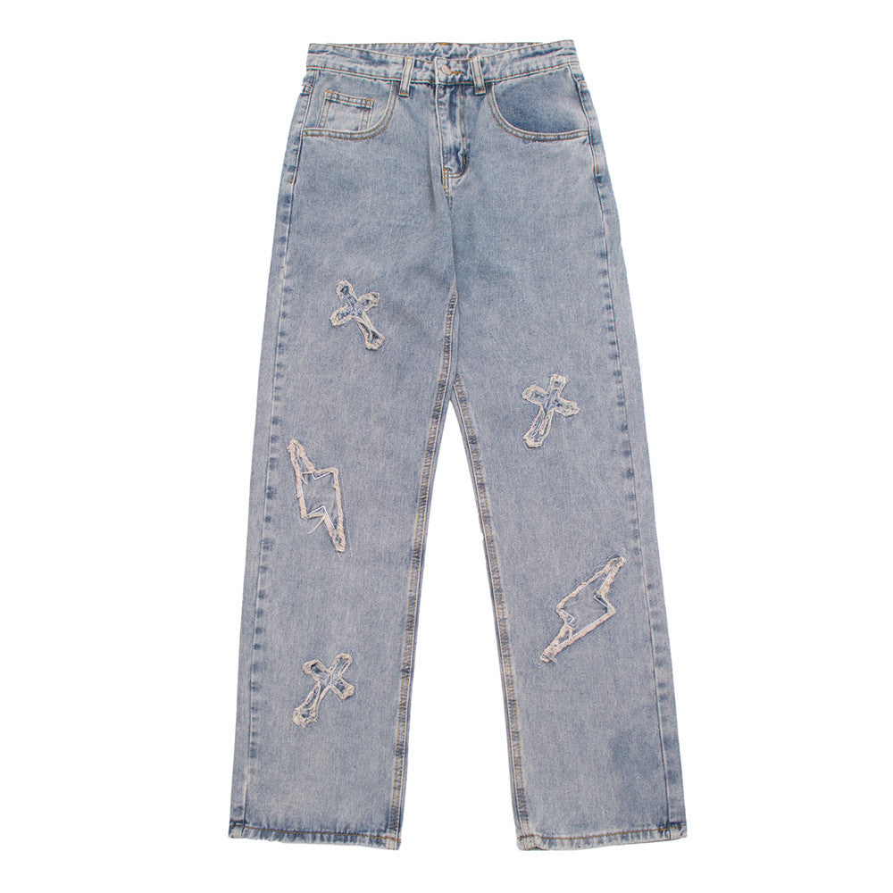 Men Jeans Cross Paste Cloth Embroidery Distressed Trendy Loose
