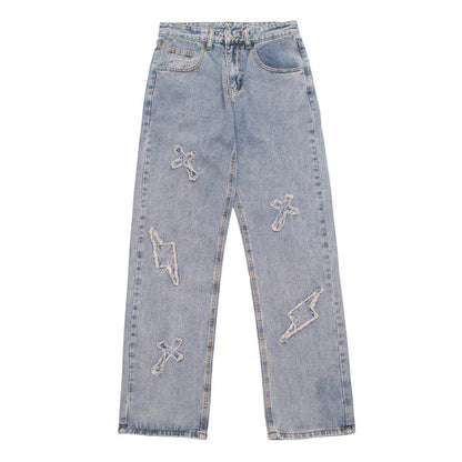 Men Jeans Cross Paste Cloth Embroidery Distressed Trendy Loose