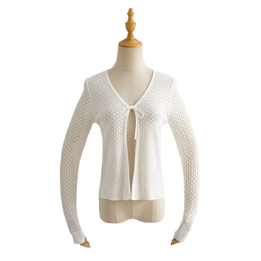 Women Sweater Knitwear Knitted Sun Protection Shirt Summer Slim Fit V-neck Hollow Lace-up Cardigan Jacket