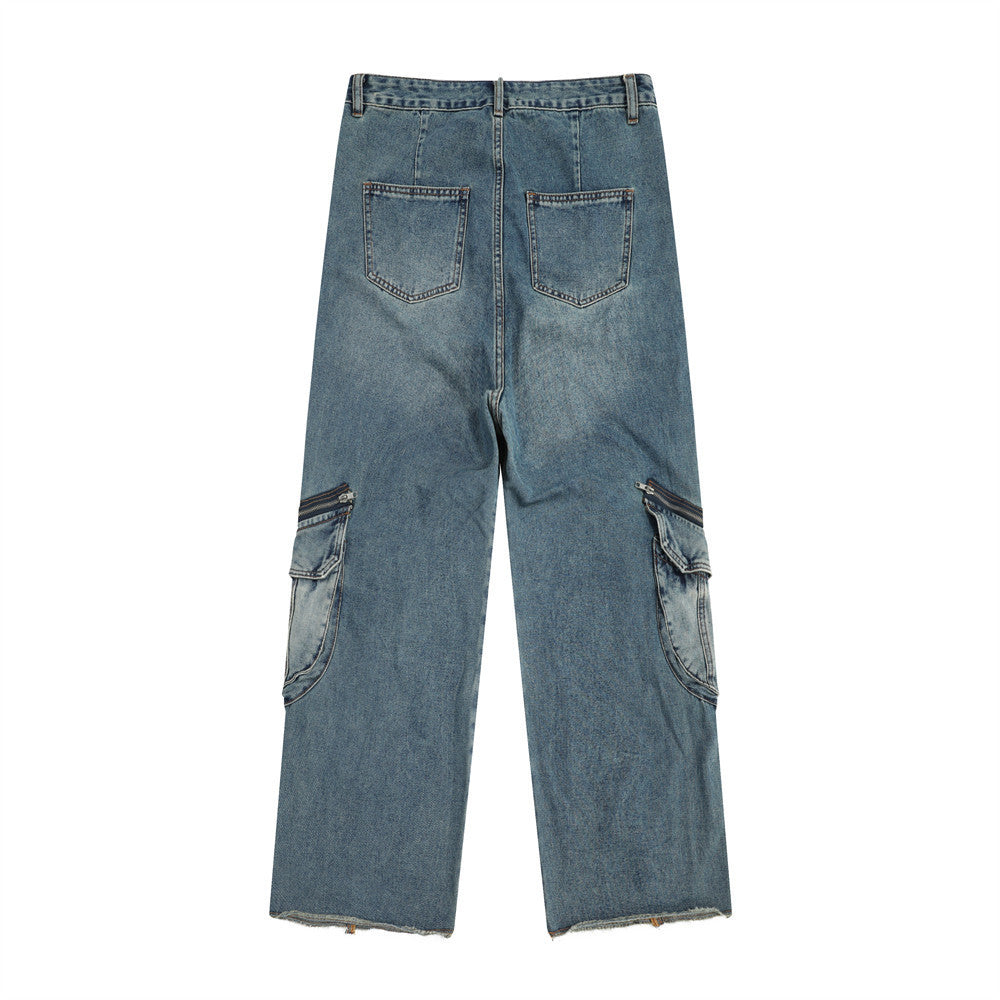 Women Pants Multi-Pocket Jeans Loose Cargo Straight-Leg Pants