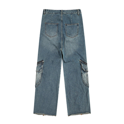 Women Pants Multi-Pocket Jeans Loose Cargo Straight-Leg Pants