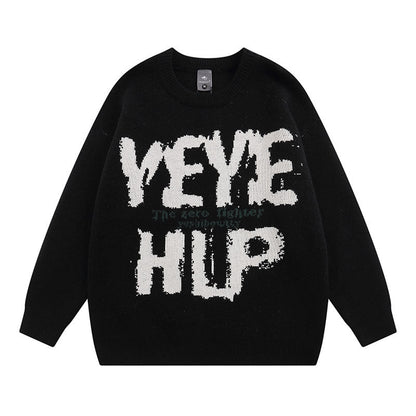 Women Sweater Retro Tattered Jeans Contrast Color Knitted Sweater
