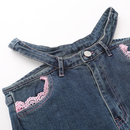 Women Pants Jeans Lace Love Embroidered Loose-Fitting Wide-Leg Trousers