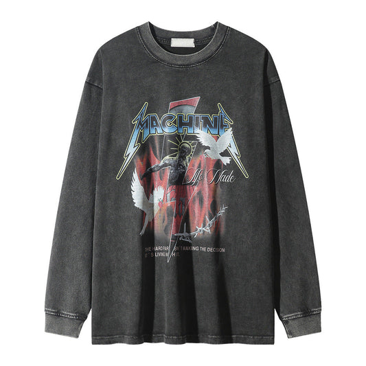 Men Long Sleeve T-Shirt Demon Flame Pattern Distressed
