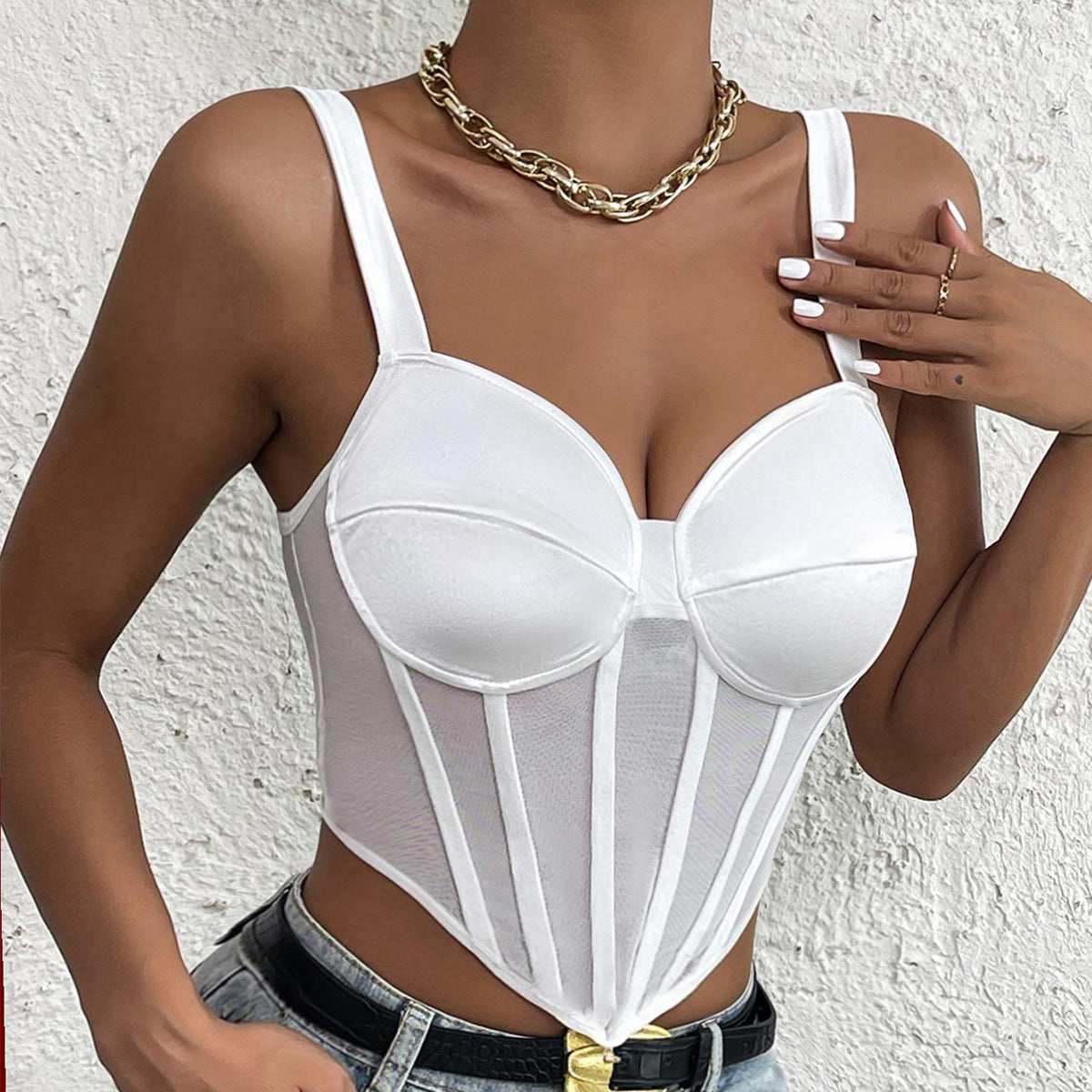 Women Party Tops Sexy Suspenders Mesh Diamond Vest