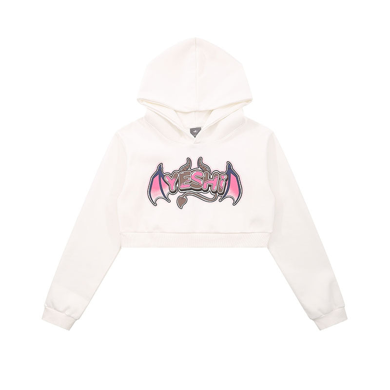 Women Hoodie Retro Sweet and Spicy Hooded Sweater Women's Spring and Autumn Devil Wings Short Top