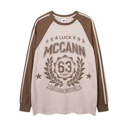 Men Long Sleeve T-shirt Retro Patchwork Trendy Loose Letter Printing
