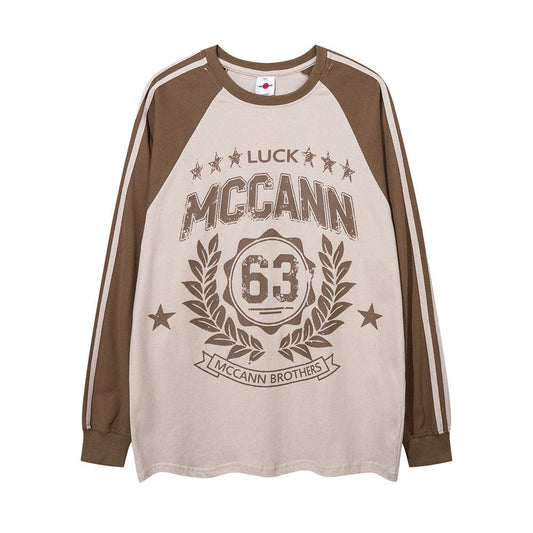 Men Long Sleeve T-shirt Retro Patchwork Trendy Loose Letter Printing