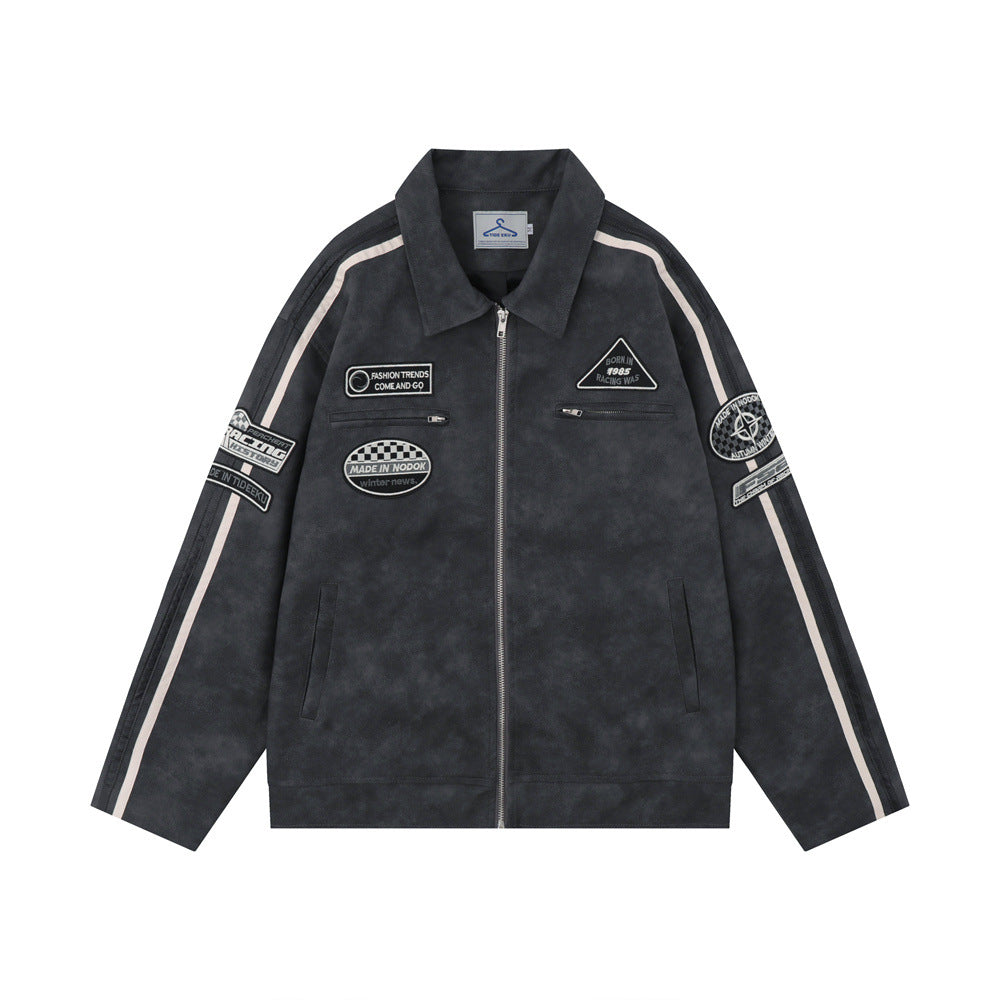 Men Jacket Coat PU Leather Jacket Men's Striped Stitching Long Sleeve Pilot