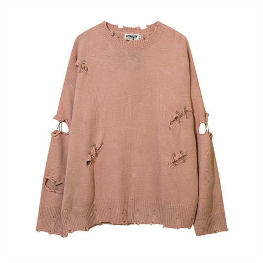 Men Sweater Ripped Pin Sweater round Neck Knitwear Niche