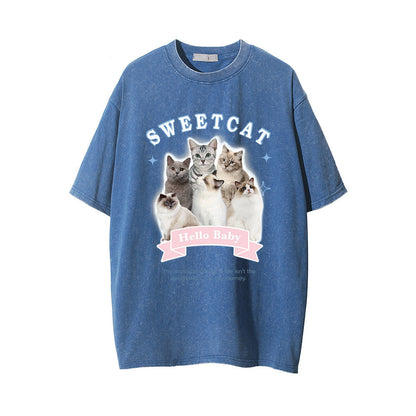 Men Vintage T-Shirt Printed Distressed Washed Short-Sleeved T-shirt Men's Summer Casual Loose round Neck