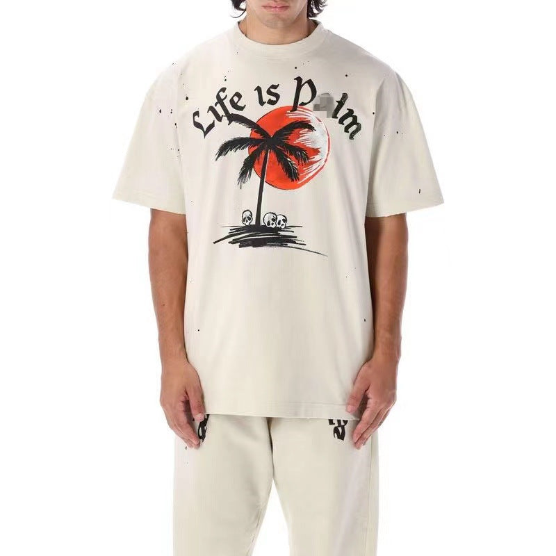 Palm Angle T Shirts Red Sun Coconut Skull Print