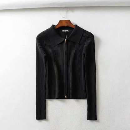 Women Sweater Knitwear Autumn Sexy Slim Lapel Double-Headed Zipper Navel Jacket
