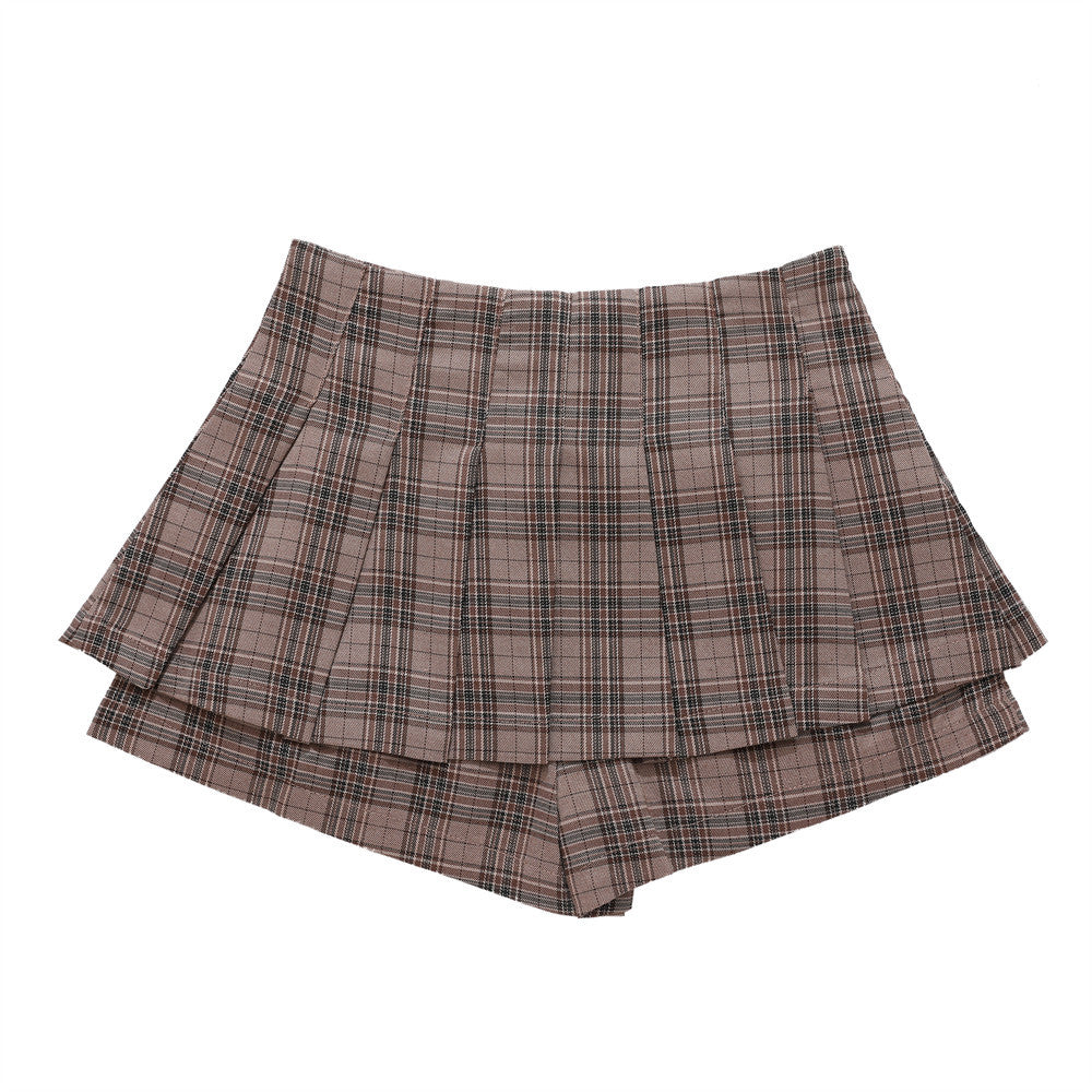 Women Shorts Plaid Pleated Pantskirt