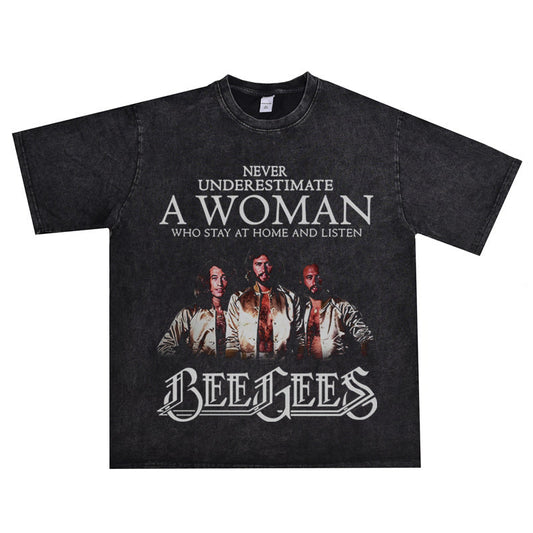 Rock Star T Shirt Bee Gees Beegis Bgs Band Washed Distressed T-shirt Short Sleeve Men and Women Loose Version