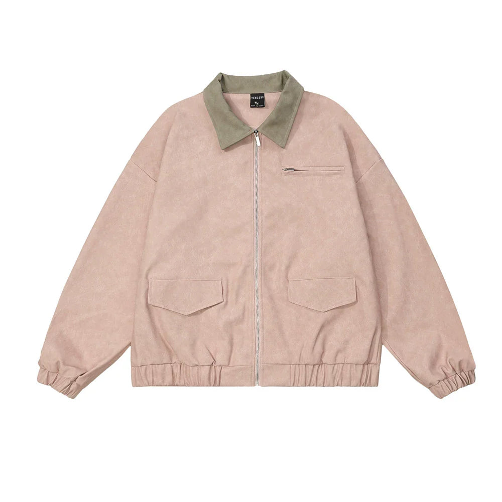 Men Jacket Coat Loose Leather Coat Coat Men's Color Contrast Patchwork Embroidered Letter Lapel PU Leather Jacket